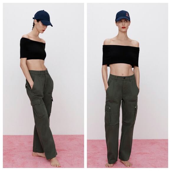 ZARA Ribbed Foldover Crop Top Size S in Black - Picture 3 of 10